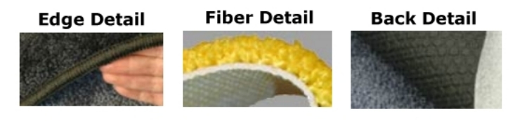 shows the stitched edging, textured backing, and a side view of the nylon carpet fibers for the sports and military products