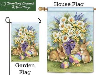 Easter Bunnies Breeze Art garden flag and house flag combo image made by Everything Doormats.